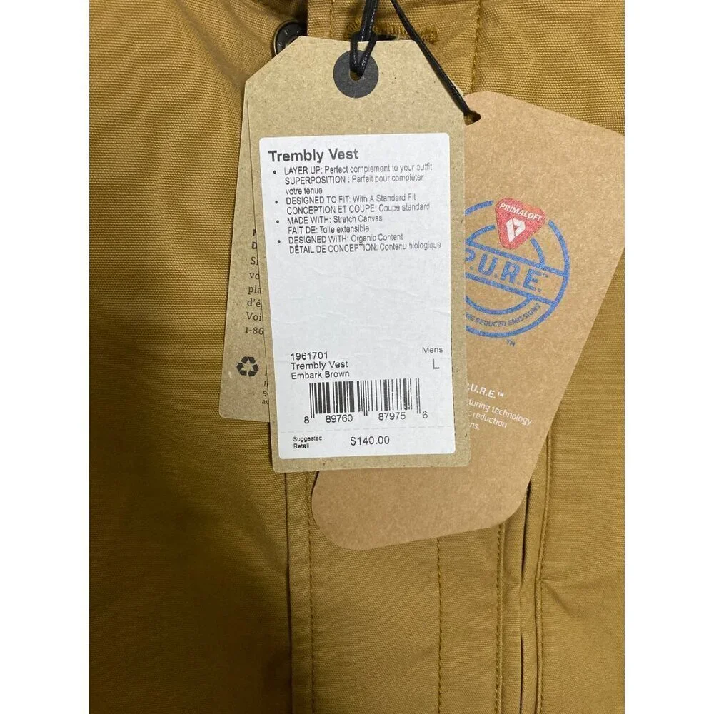 Prana Men's Trembly Canvas Stetch Insulated  Vest - Size L Embark Brown MSRP $14